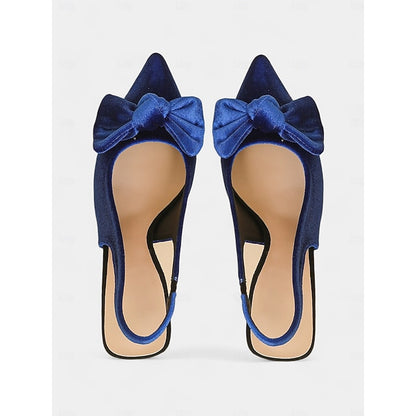 Women's Bow Pointed Velvet Heels Slingback Toe with Blue