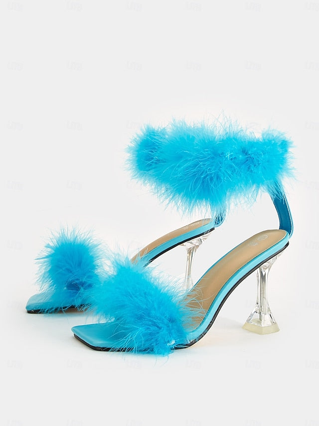 Feather-Embellished High Clear Sandals Turquoise with Heel