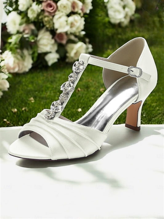 Open-Toe Bridal Satin White Detail Crystal Heels – with
