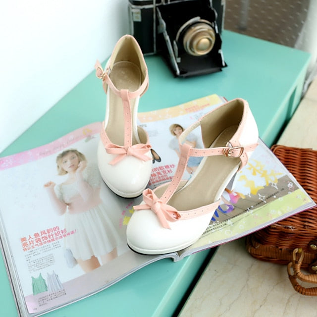 Heels Women's Black with Leather Patent White T-Strap High