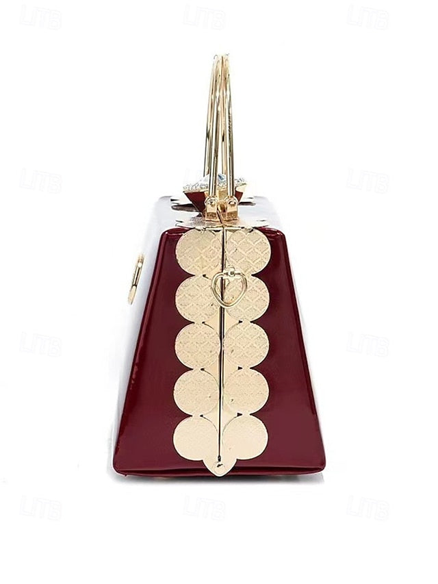 Handbag with Patent Evening Burgundy Gold Women's Leather