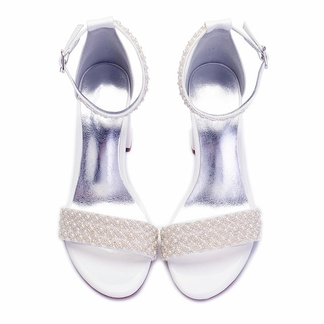 Women's White Block Strap Ankle Embellished Pearl Ivory