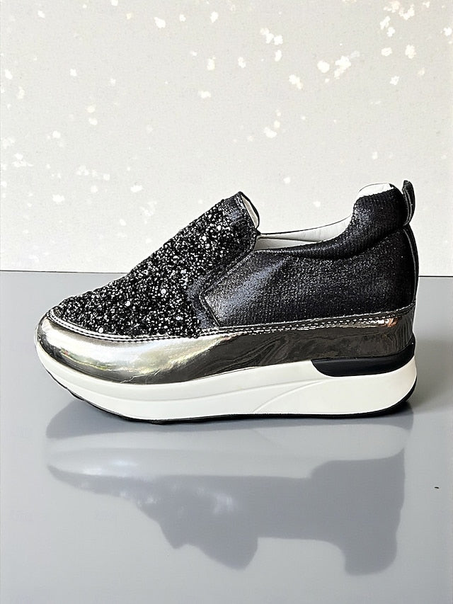 Glitter Sneakers with Slip-On Women's Black Metallic