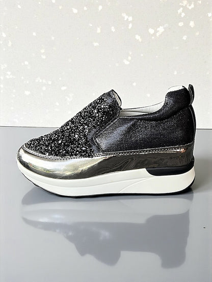 Glitter Sneakers with Slip-On Women's Black Metallic
