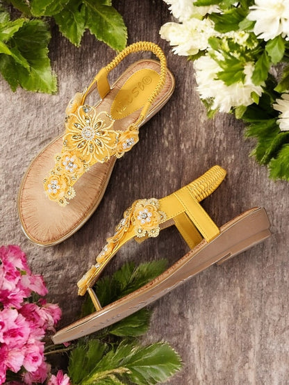 Women's T-Strap Lace Sandals Floral Embellished Pink –