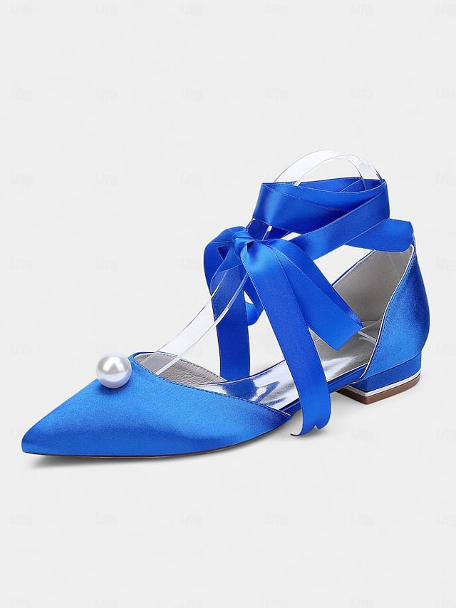 - Pointed Toe Navy Women's Pearl Satin Embellished Flats