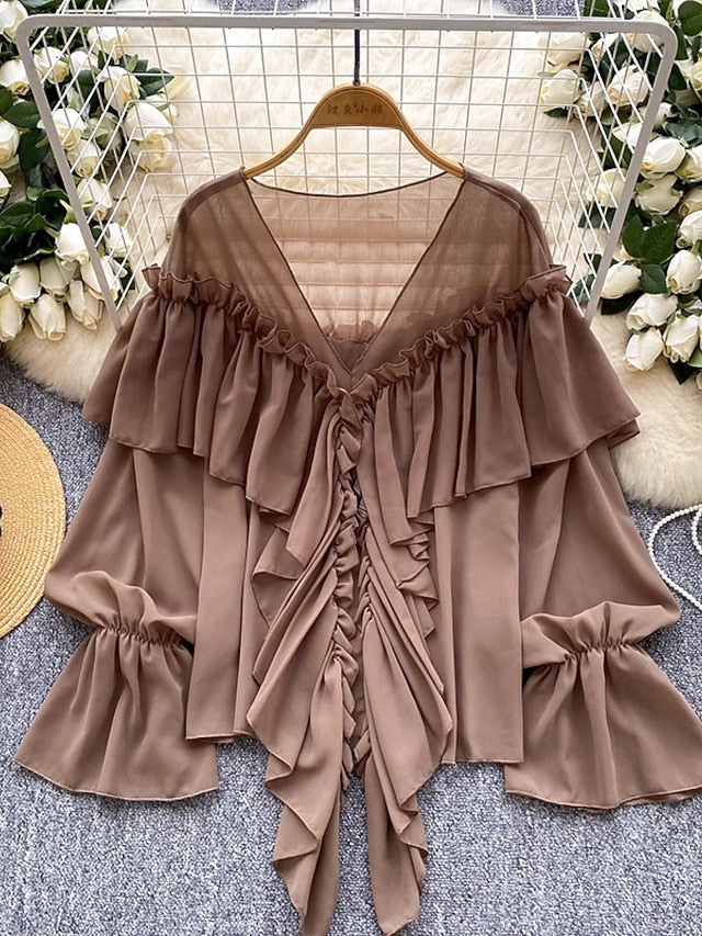 Women's Blouse Solid Color Stylish Casual Long Sleeve V