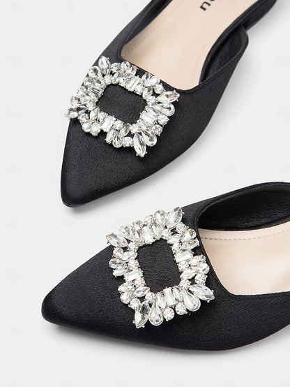 Satin Black Mules Rhinestone Women's with Pointed-Toe