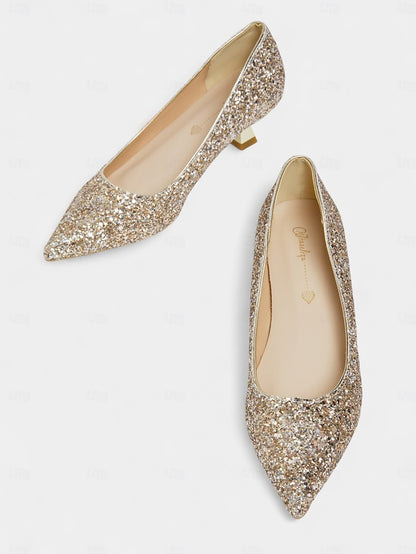 Glitter Pointed Pumps Low Women's - Sparkly Toe Heel