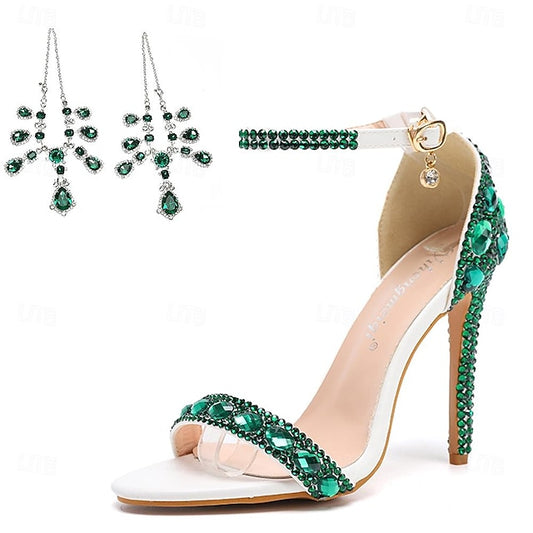 Women's Ankle Stiletto with Matching Rhinestone Heels Green