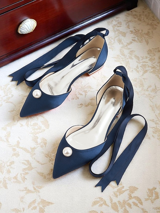 - Pointed Toe Navy Women's Pearl Satin Embellished Flats