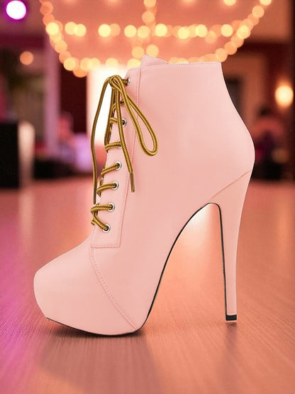 Boots Platform Beige Ankle - Women's Lace-Up Leather Faux