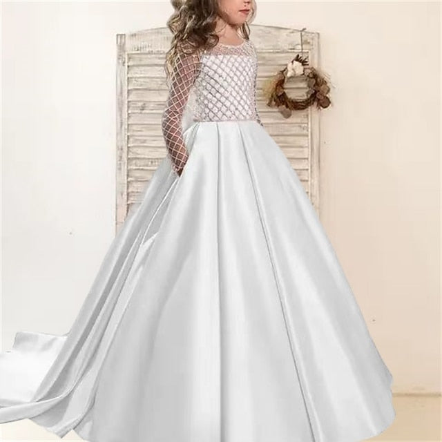 Color Girls' Party Long Girl Solid Kids Flower Dress
