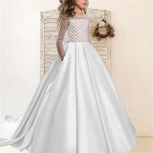 Color Girls' Party Long Girl Solid Kids Flower Dress