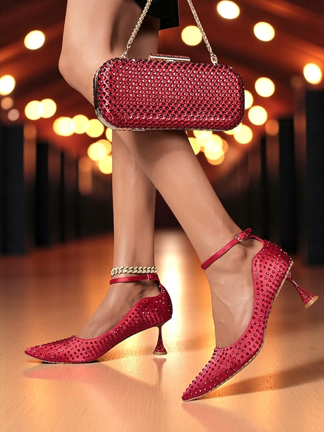 Clutch Bag Matching Women's Green and Heels Rhinestone Set