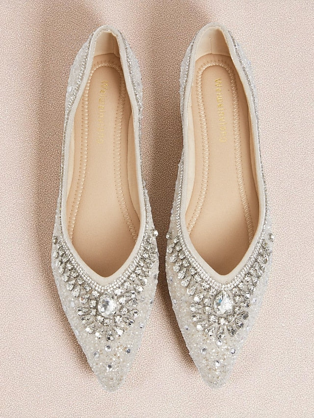 Toe Crystal Pointed Flats Women's Glitter with Silver