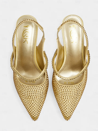 Pointed Rhinestone Heels - Women's Gold Sparkly Toe