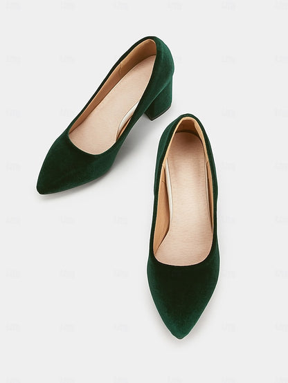 Pumps - Block Heel Elegant Green Women's Pointed Velvet Toe
