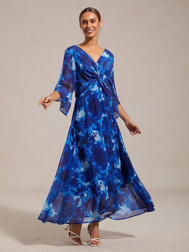 Abstract Floral V Neck Knot Front Flared Sleeve Maxi Dress