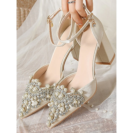 and Heel Pearl Wedding Rhinestone Women's Block Embellished