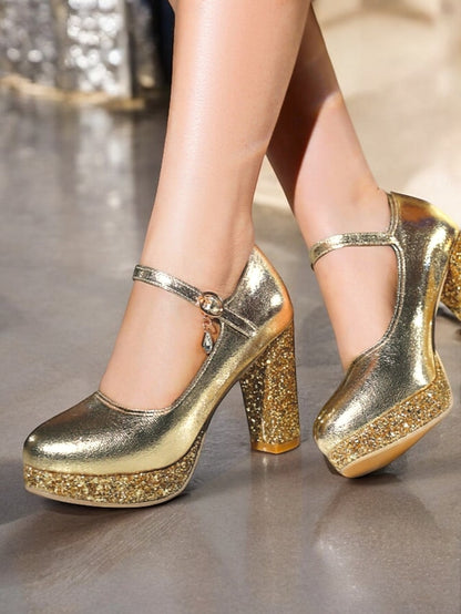 Jane Heel Block Sparkly Women's Glitter Gold Mary Pumps –