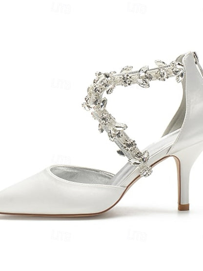 Heels Satin Women's White Pointed Crystal Strap – Elegant