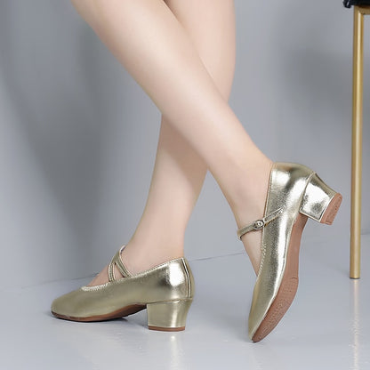 Women's with Low Mary Heel Jane Buckle Dance Gold Shoes