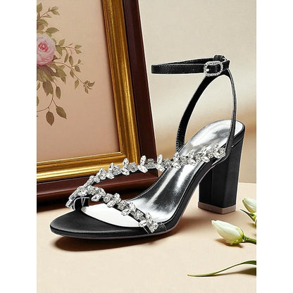 - Rhinestone Heel Block Sandals Women's Straps White with
