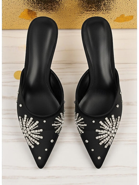 with Women's Mules Rhinestone Toe Pointed Satin Black