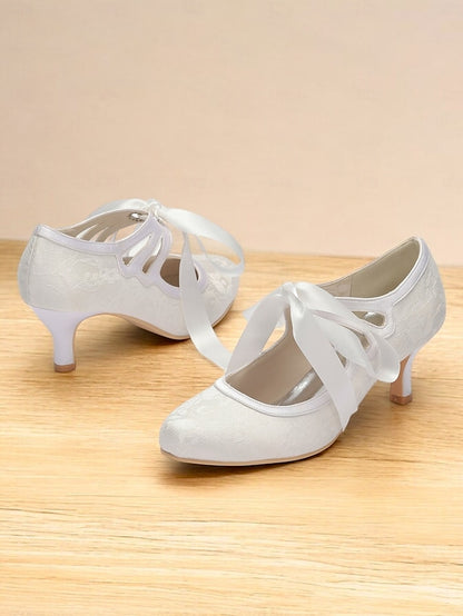 Satin Ribbon Bridal - Elegant White Pumps Vintage Lace with Ties