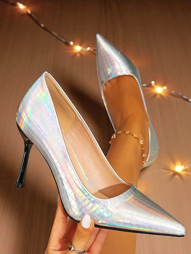 Pointed Glossy Toe Heels with Holographic Women's Stiletto