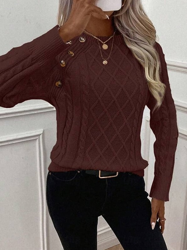 Women's Sweater Casual Soft Pure Color Cable Crew Neck