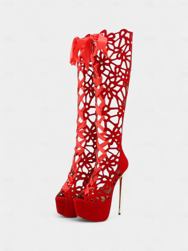 Cutout Stiletto Knee Sexy Platform Peep Women's High Boots