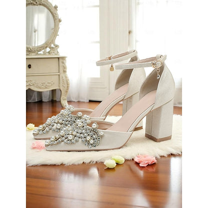 Pearl Embellished Wedding Women's and Rhinestone Block Heel