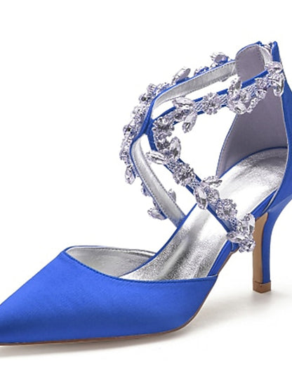 Heels Satin Women's White Pointed Crystal Strap – Elegant