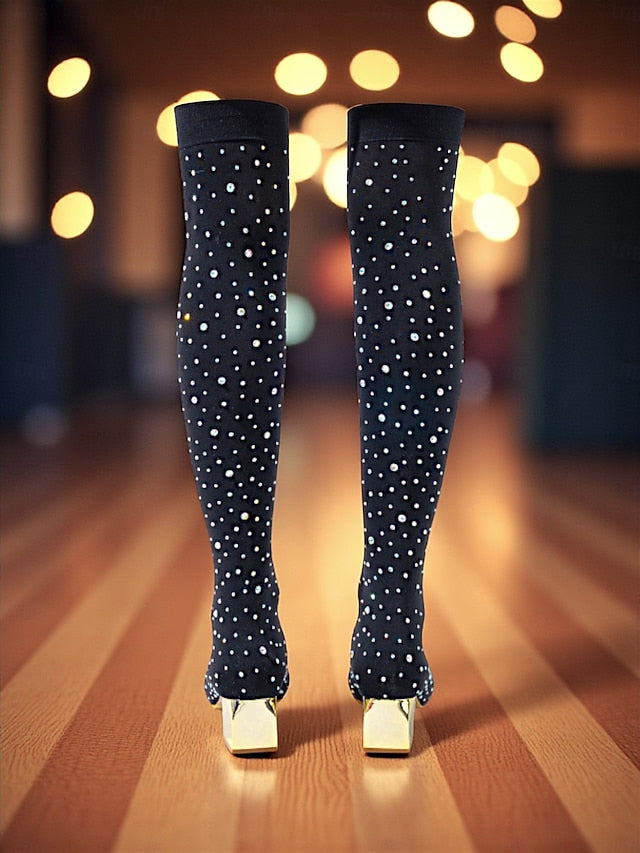 Pointed Black Boots Rhinestone Over-the-Knee with Women's