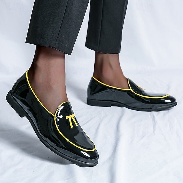 Leather Black Men's Patent Yellow Trim Loafers Faux with