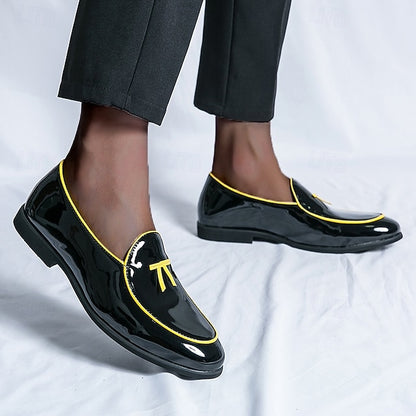 Leather Black Men's Patent Yellow Trim Loafers Faux with