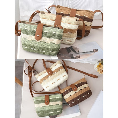 Sac fourre-tout en paille tissée marron à rayures et colorblock pour femme