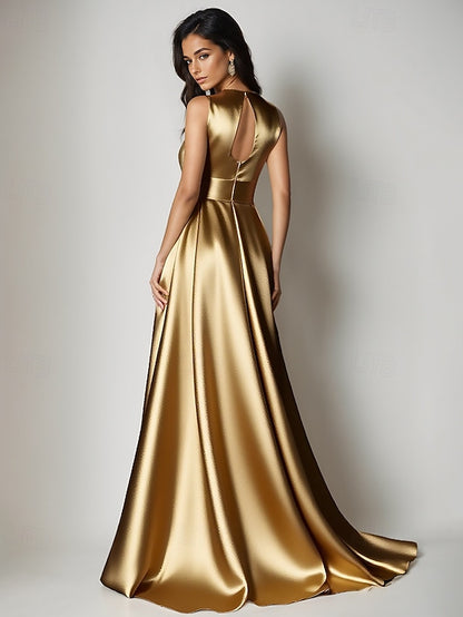 Gold A-Line Gown Formal Floor Wedding Evening Dress Elegant