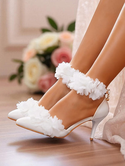 Floral Pointed Women's Strap Elegant Heels - White Ankle