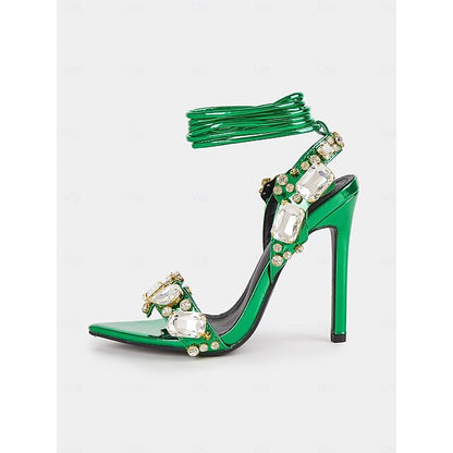 Stiletto Green Women's Heels Lace-Up with Metallic
