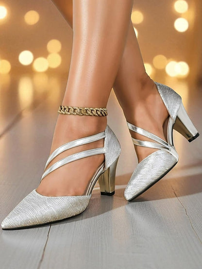 Shiny - Pointed Toe Heels Strappy Women's Silver Mid-Heel