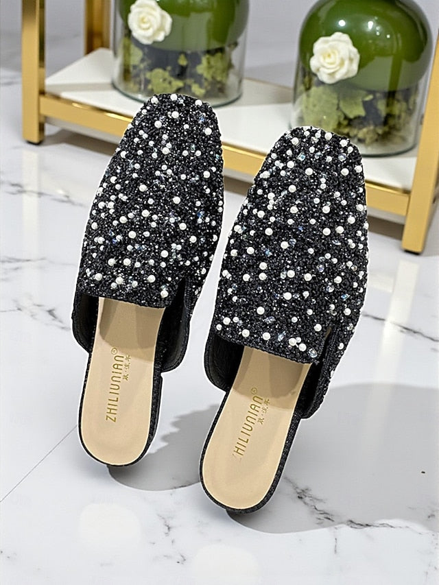 Rhinestone and Pink - Women's Pearl Mules Embellished