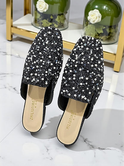 Rhinestone and Pink - Women's Pearl Mules Embellished