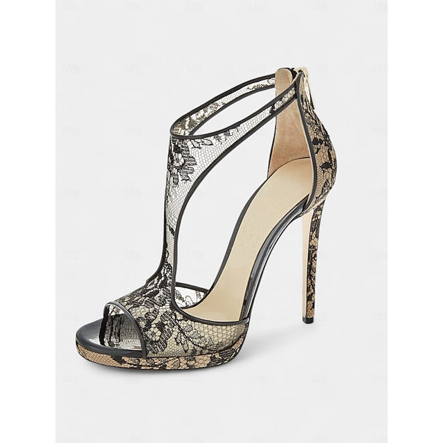 Lace Stiletto with Peep-Toe Mesh Design for Black Heels