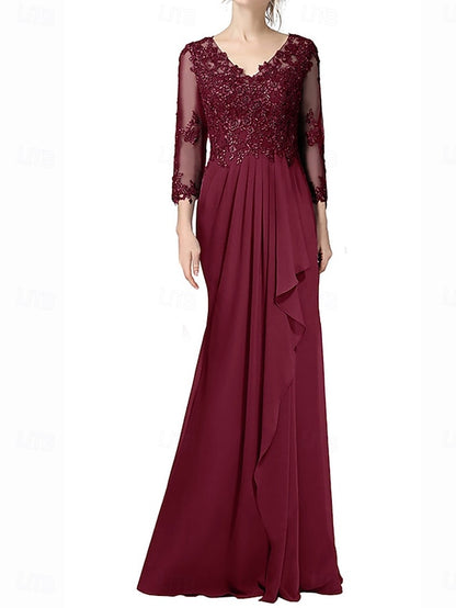 Dress Length the Neck Bride Elegant Floor Mother of V A-Line