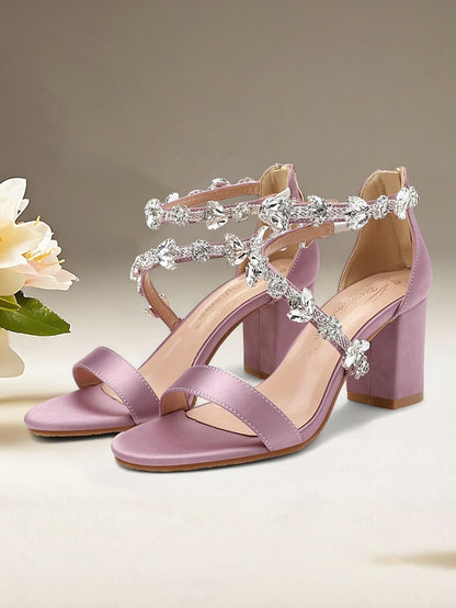 Straps Sandals Heel Crystal Women's Satin with Pink Block