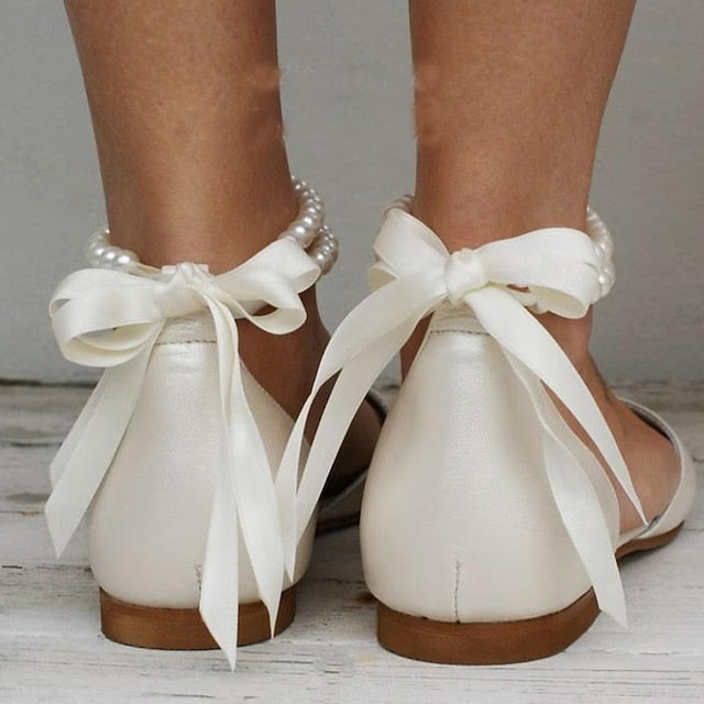– Elegant Strap Bridal Ankle Flats White Women's Pearl