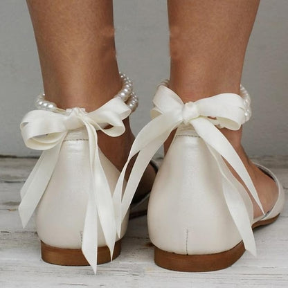 – Elegant Strap Bridal Ankle Flats White Women's Pearl